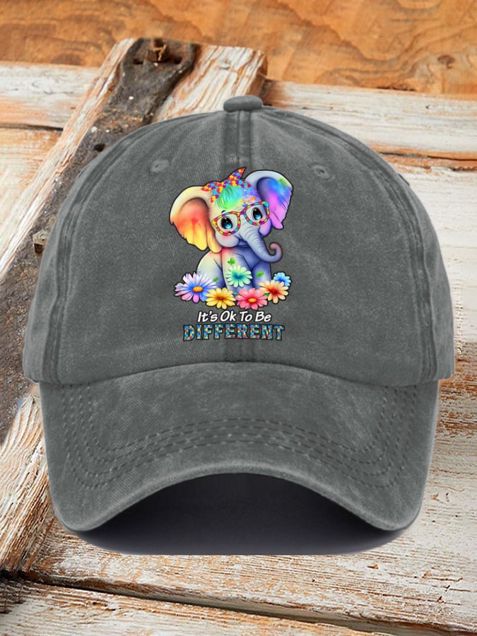 Retro Autism Awareness Elephant It's Ok To Be Different Print Baseball Cap