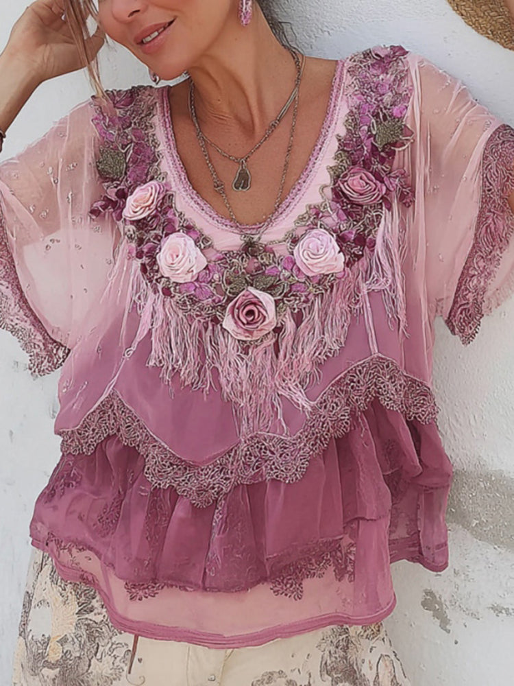 Women's Vintage Rose Floral Embroidery Multi-layer Hem T-shirt