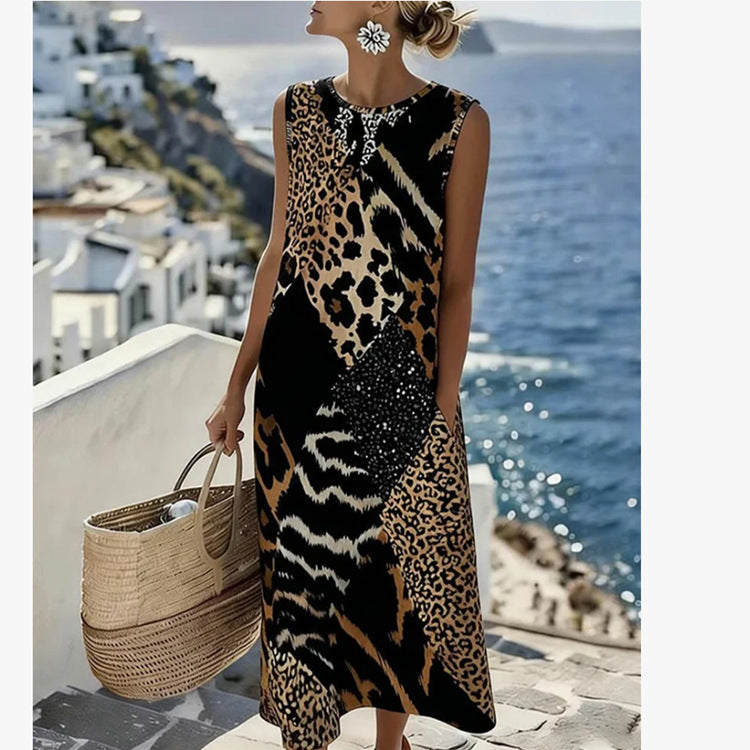 Patchwork Leopard Print Sleeveless Long Dress