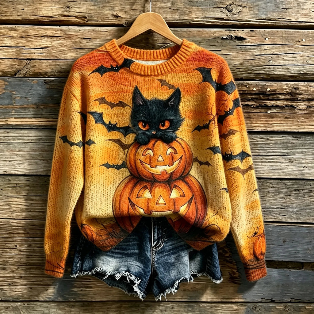 Women's Retro Halloween Cat, Bat, And Pumpkin Print Sweater
