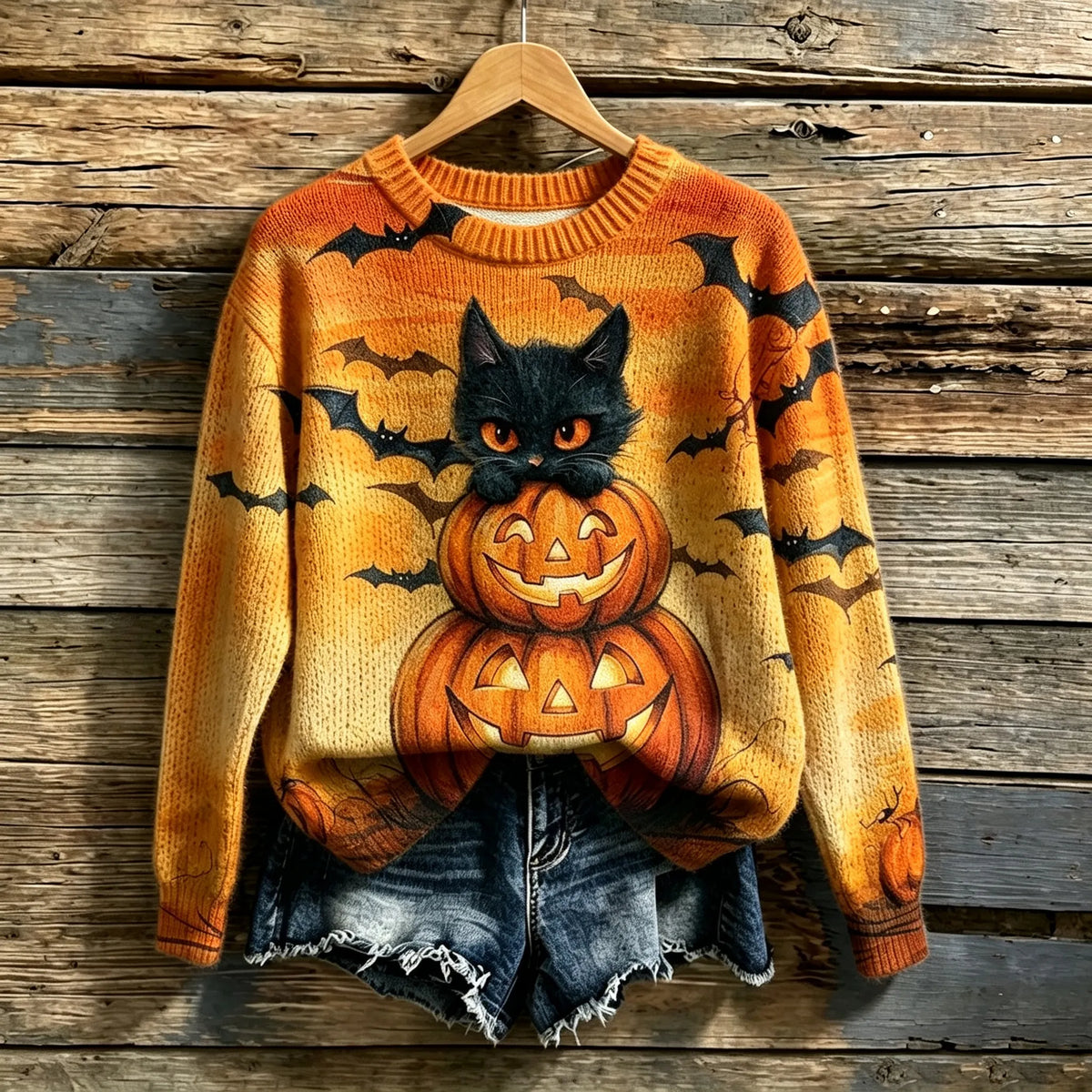Women's Retro Halloween Cat, Bat, And Pumpkin Print Sweater