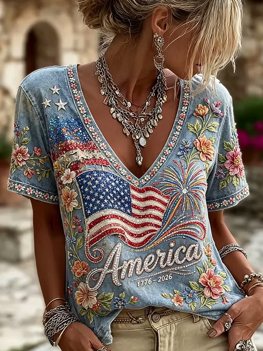 Women'S American Flag Flower Short Sleeve T-Shirt