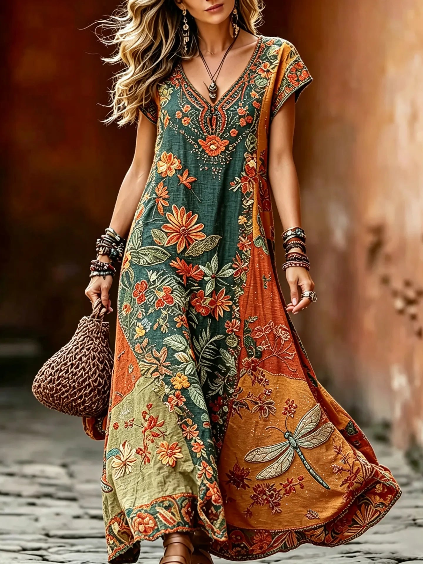 Women's Vintage Hippie Floral And Dragonfly In Patchwork Pattern Art Embroidered Linen Blend Maxi Dress