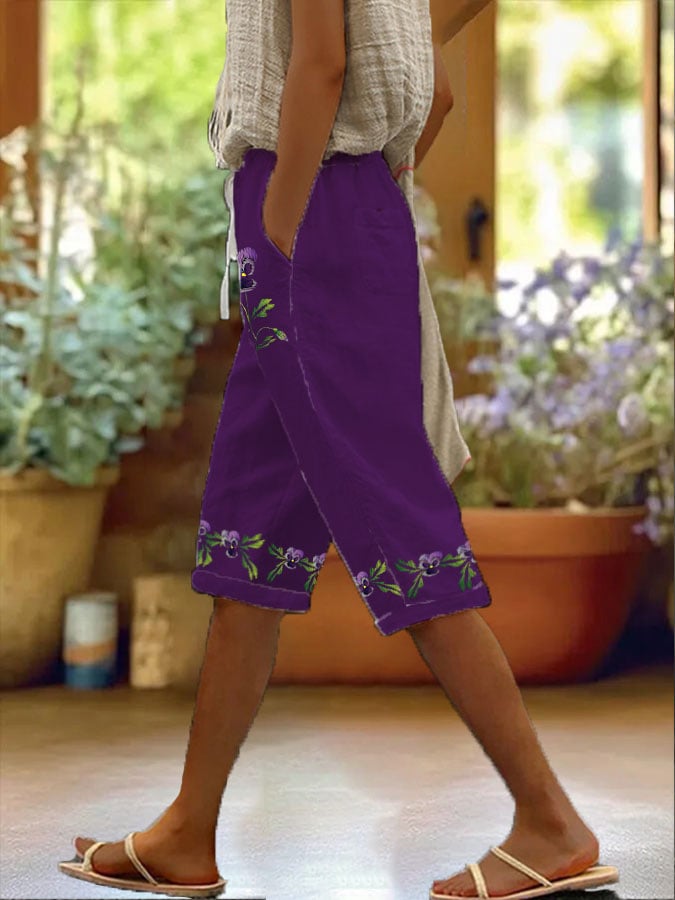 Women's Purple Floral Pansy Dementia Alzheimer's Disease Awareness Printed Cotton and Linen Casual Pants