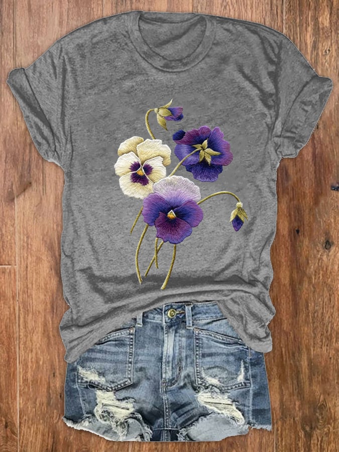 Women's Alzheimer's Awareness Purple Floral Print Crew Neck T-Shirt