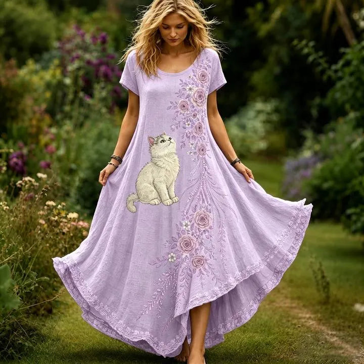 Women's Vintage Cute Cat And Floral Embroidery Art Crew Neck Short Sleeve Maxi Dress