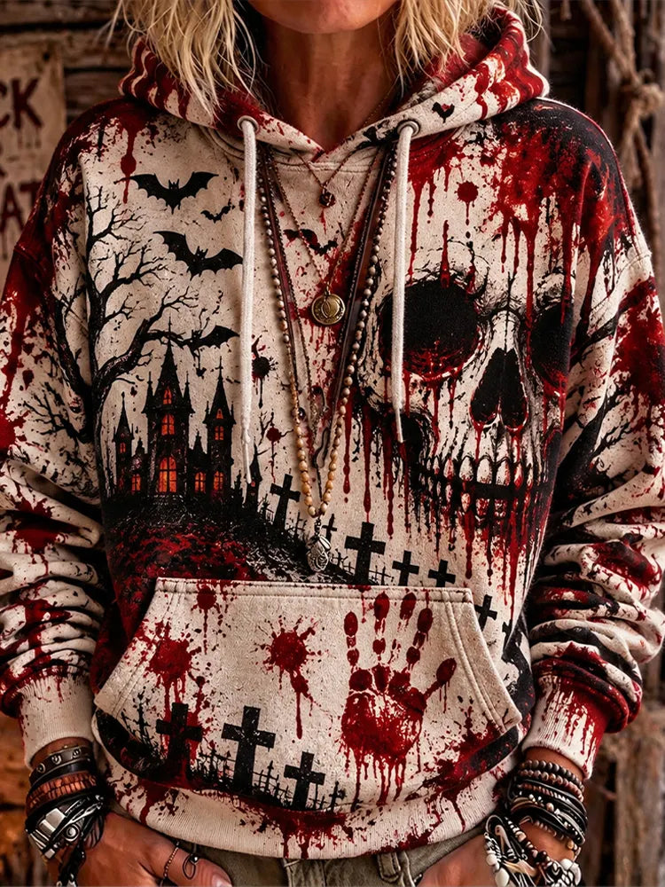 Women's Gothic-style Hoodie With Skull, Castle, And Blood-drip Print For Halloween