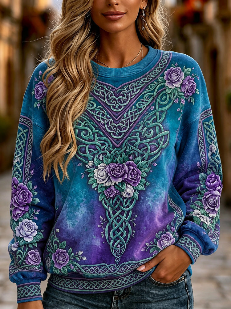Women's Retro Celtic Knot And Purple Floral Pattern Casual Comfort Sweatshirt