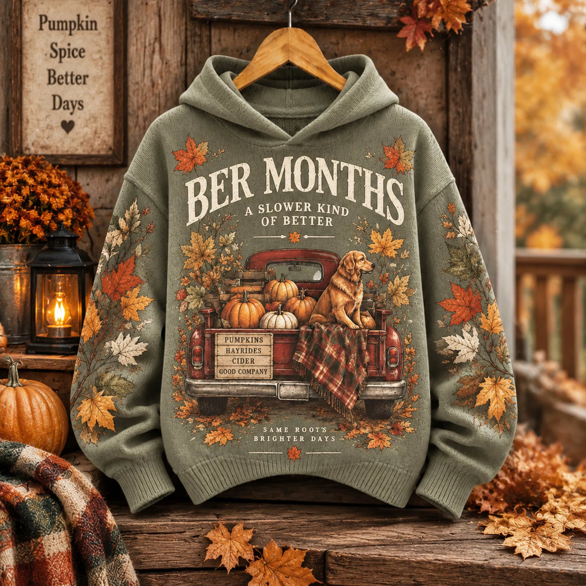 Women's Vintage Autumn Truck-print Casual Hooded Sweater