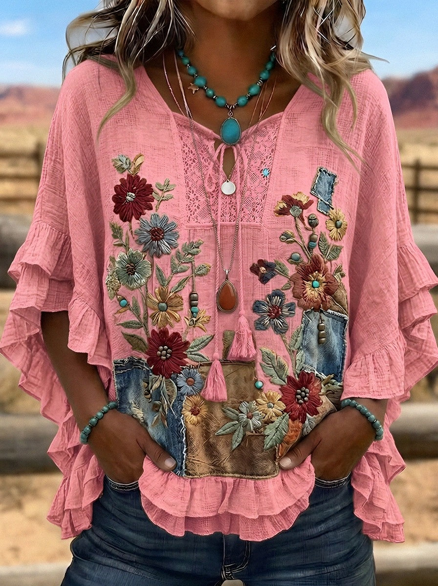 Women's Western Vintage Floral Denim Patchwork Printed Top