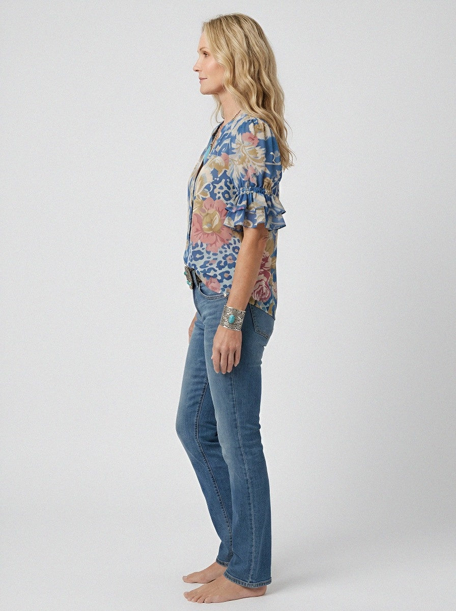 Women's Western Vintage Floral Paisley Printed Ruffle Sleeve Top