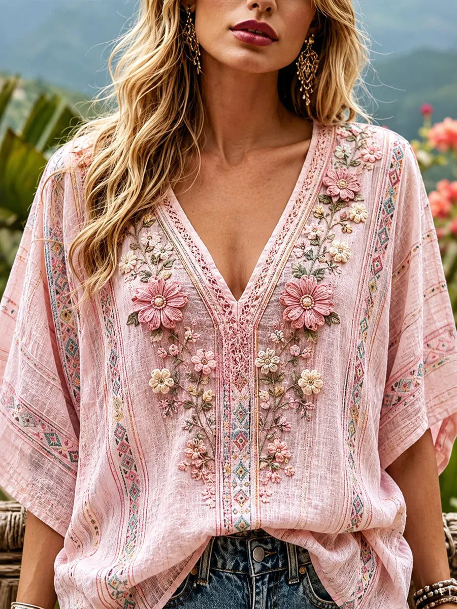 Women's Vacation Floral Lace Print V-neck Cotton Linen Top