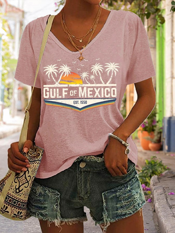 Women's Gulf Of Mexico Print V Neck Casual T-Shirt
