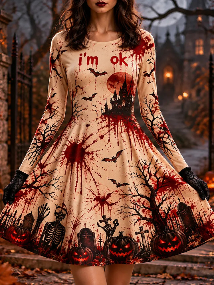 Women's Halloween "i'm Ok!!" Bloody Castle & Pumpkin Swing Dress
