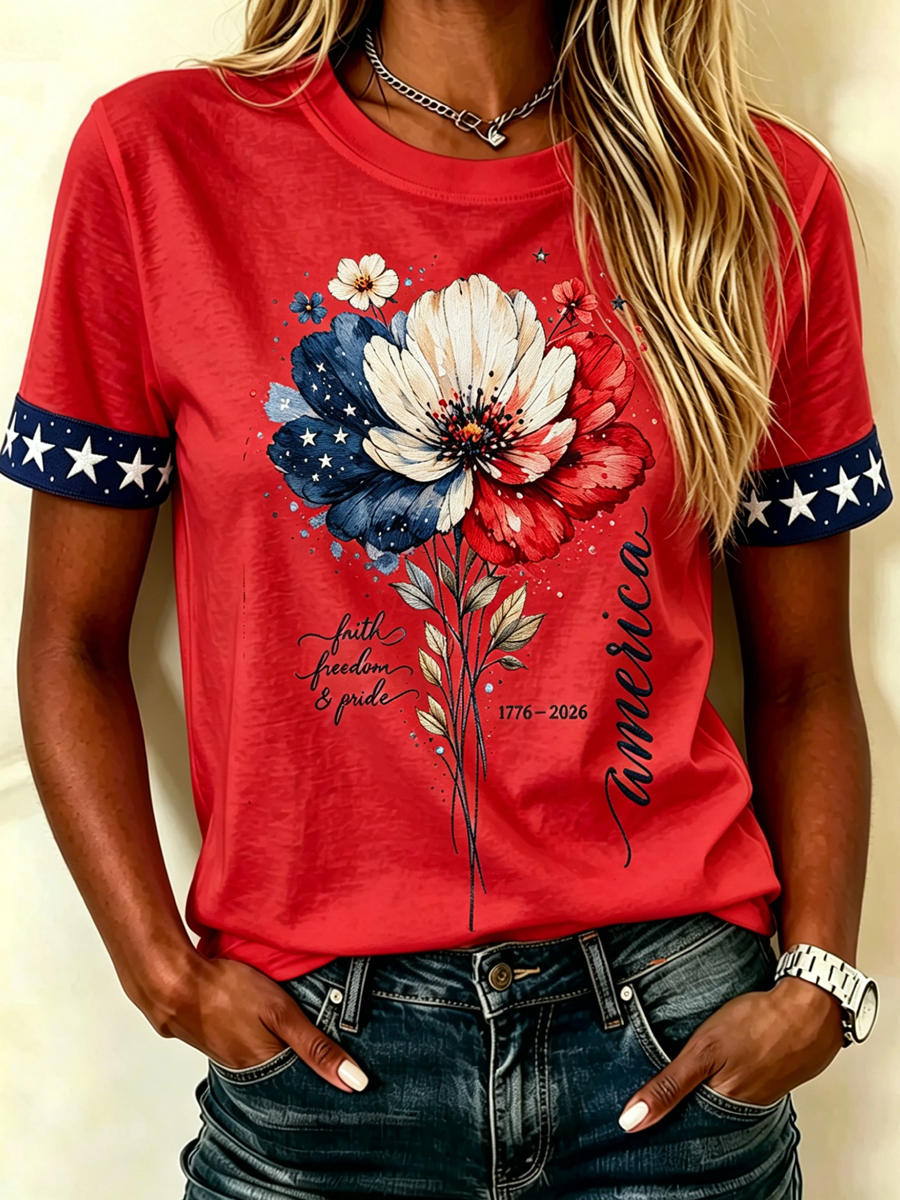 Women's America Floral Printed T-shirt