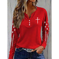 Women's America Falg Cross Pattern Long-Sleeve Henley Top