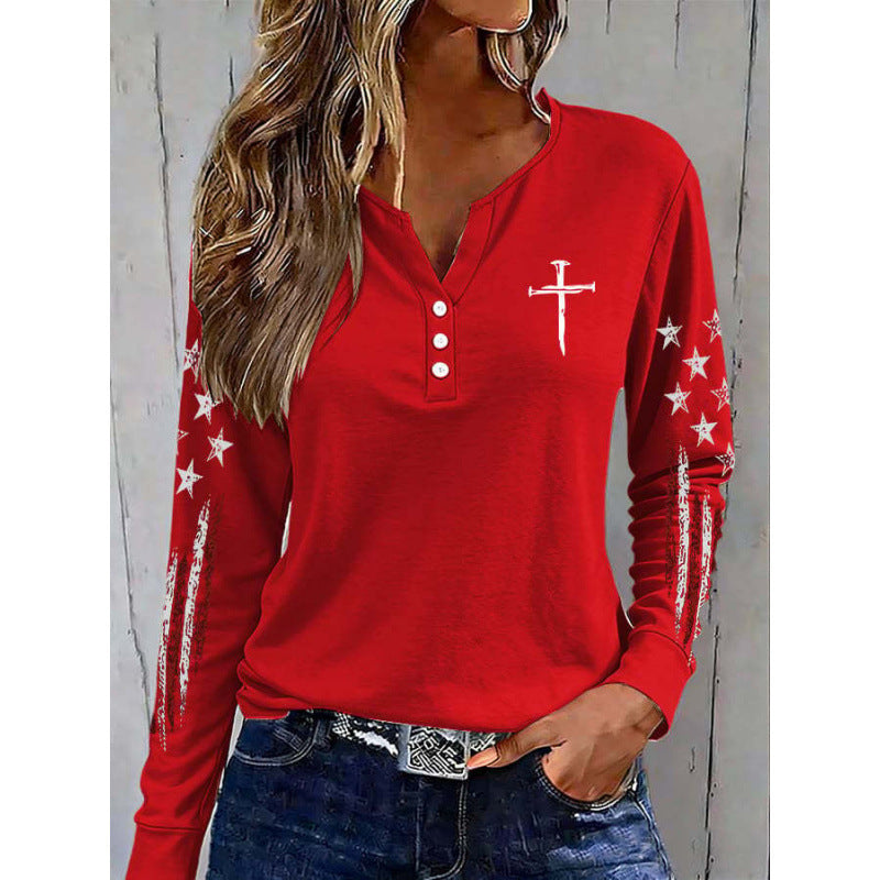 Women's America Falg Cross Pattern Long-Sleeve Henley Top