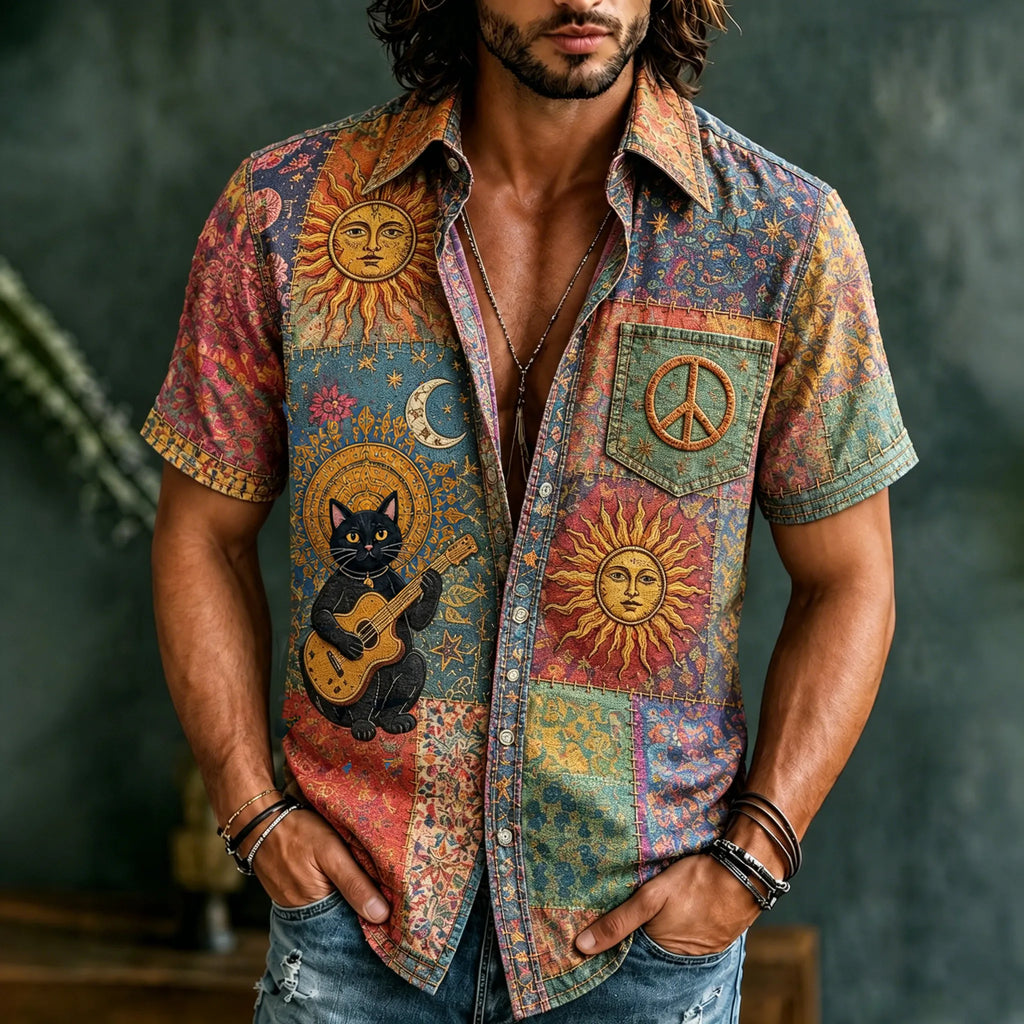 Men's Retro Hippie Patchwork Art Short Sleeve Shirt