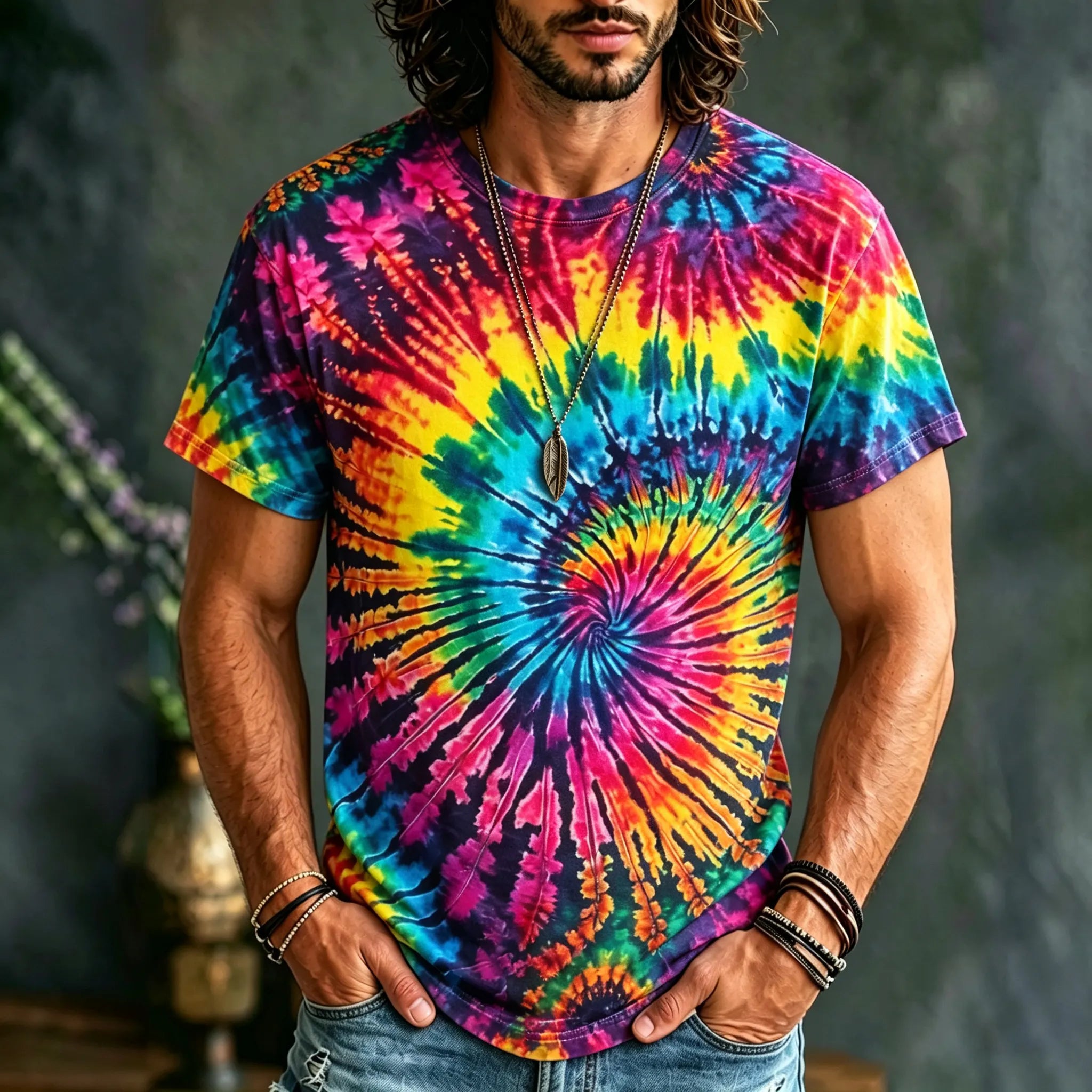 Men's Retro Tie-dye Print Cotton Linen Crew Neck Short Sleeve T-shirt