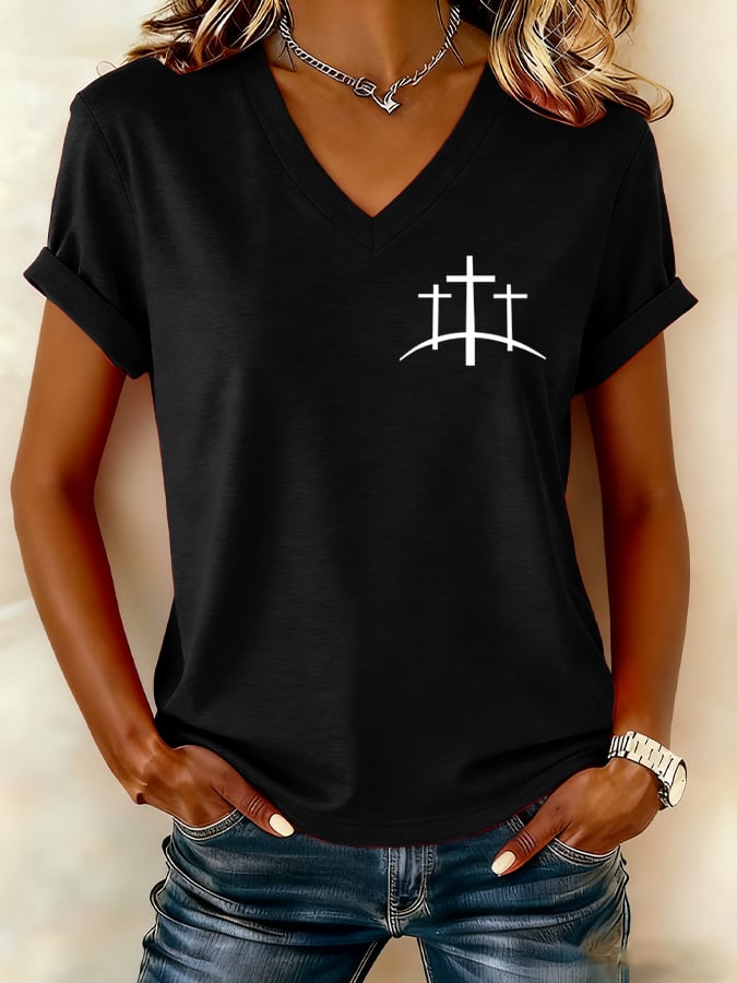 Women's Cross Print V-Neck T-Shirt