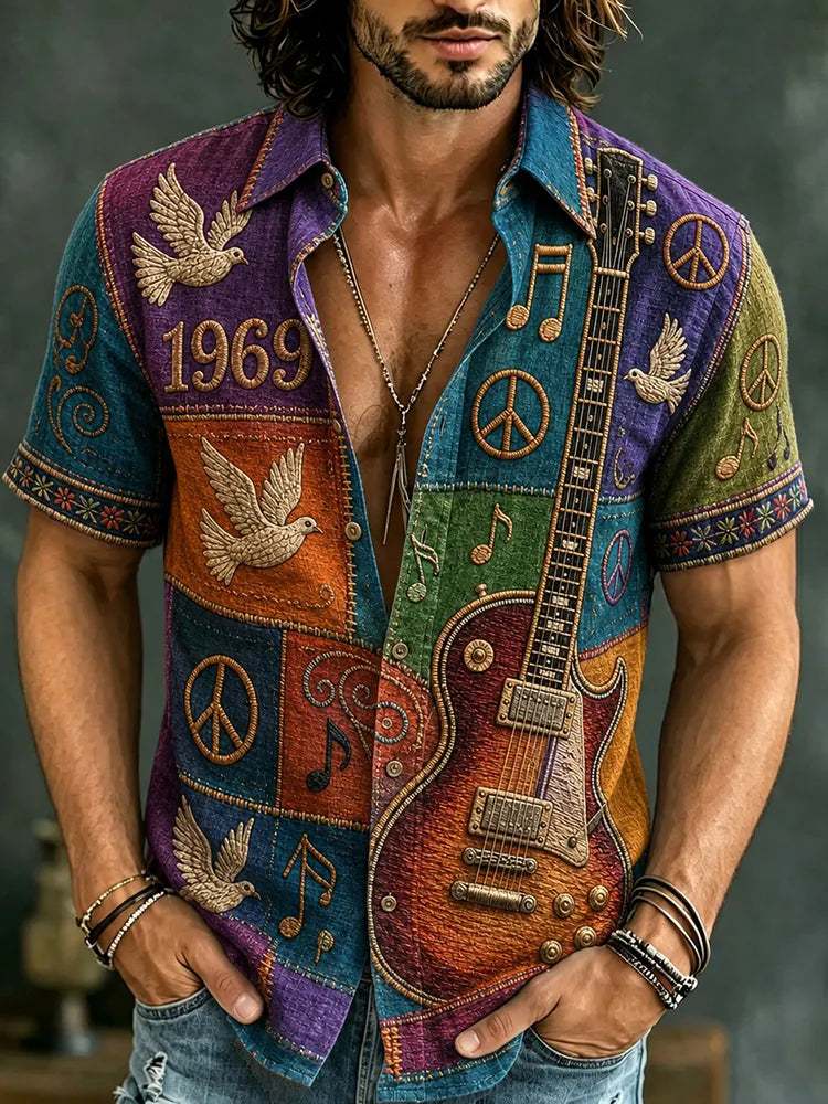 Men's Retro Hippie Peace Sign And Guitar Patchwork Print Short-sleeve Shirt