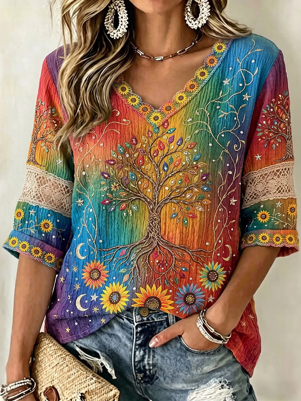 Women's Vintage Sun Moon Tree Of Life Gradient Art Pattern Mid-sleeve T-shirt