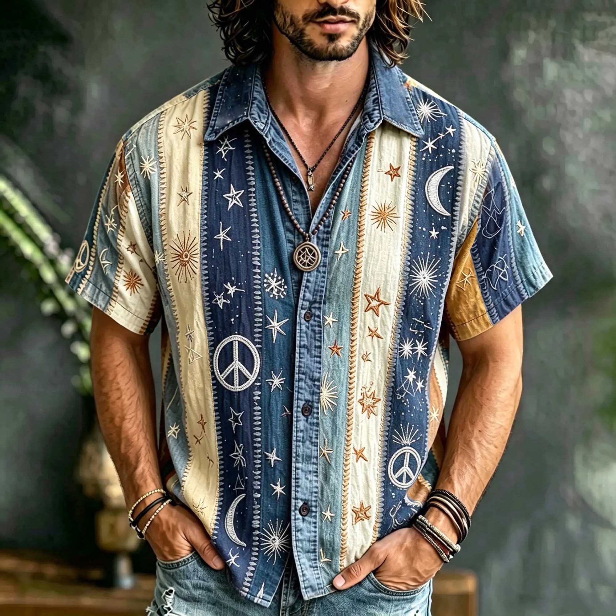 Vintage Hippie Stripe Patchwork Linen Shirt, 3d Embroidery Star & Crescent Casual Summer Short Sleeve Top