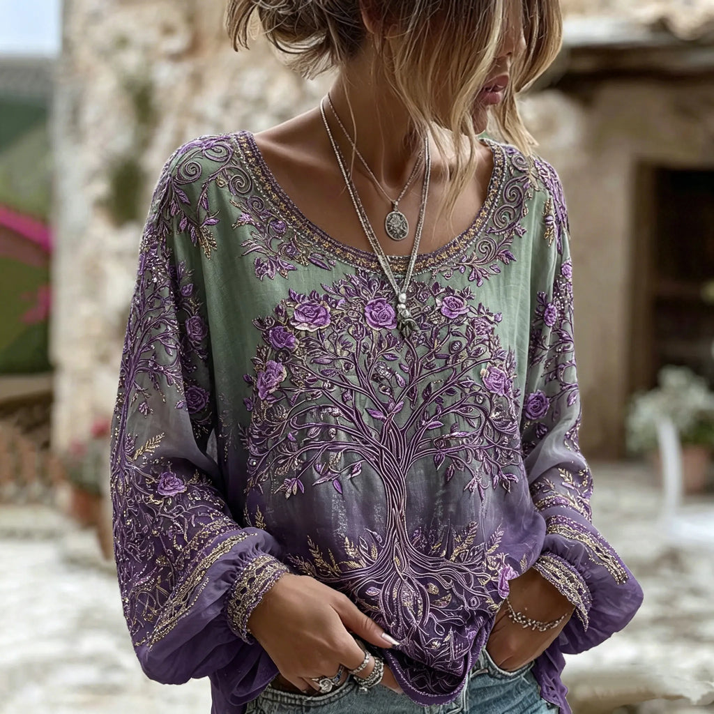Women's Retro Tree Of Life Floral Gradient Art Pattern Casual Linen Top