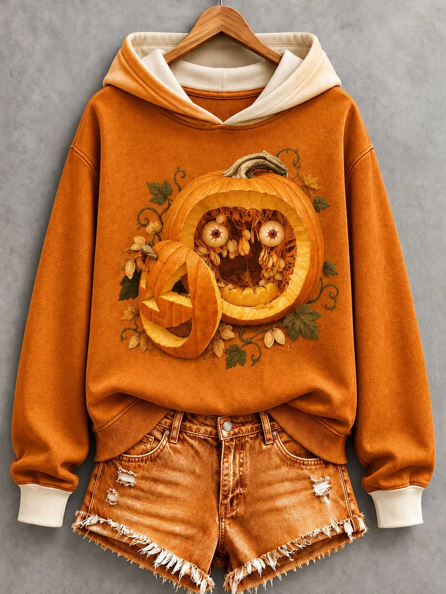 Women's Halloween Fun Pumpkin Face Print Hoodie