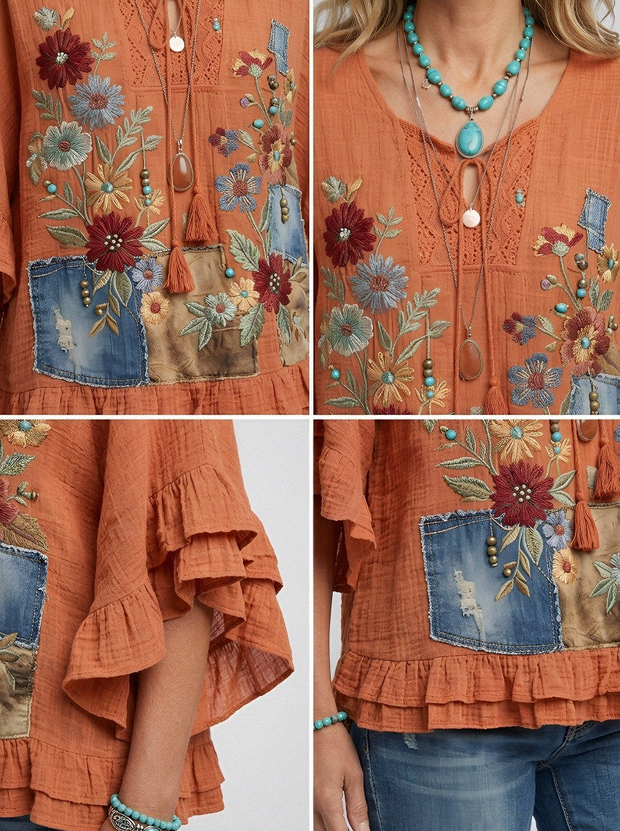 Women's Western Vintage Floral Denim Patchwork Printed Top