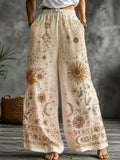Women's Boho Sunflower, Moon Phase & Floral Print Wide-leg Pants