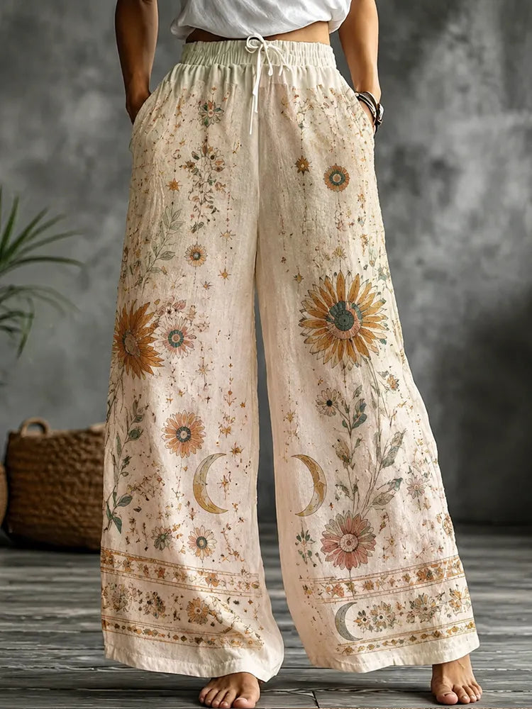 Women's Boho Sunflower, Moon Phase & Floral Print Wide-leg Pants
