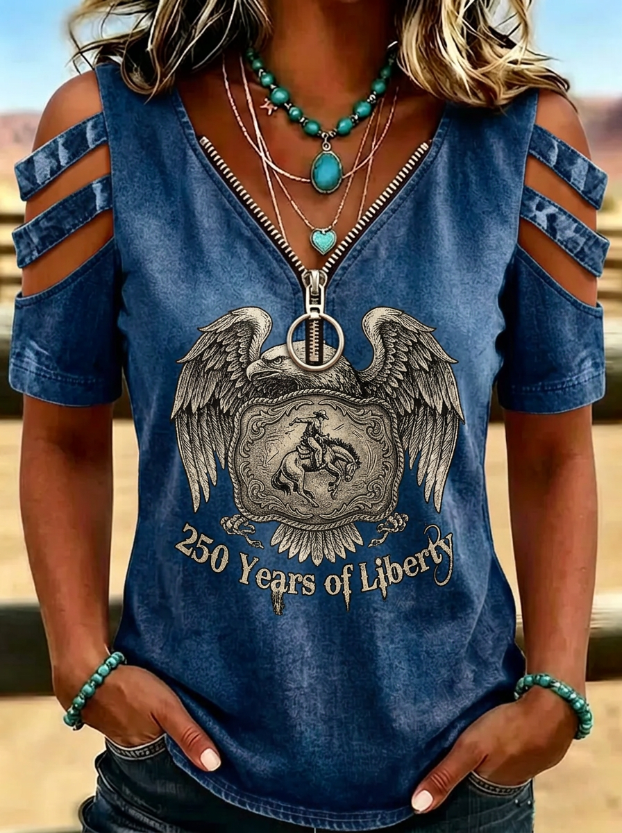 Women's Western Independence Day Eagle Cowboy Printed Cold Shoulder T-shirt