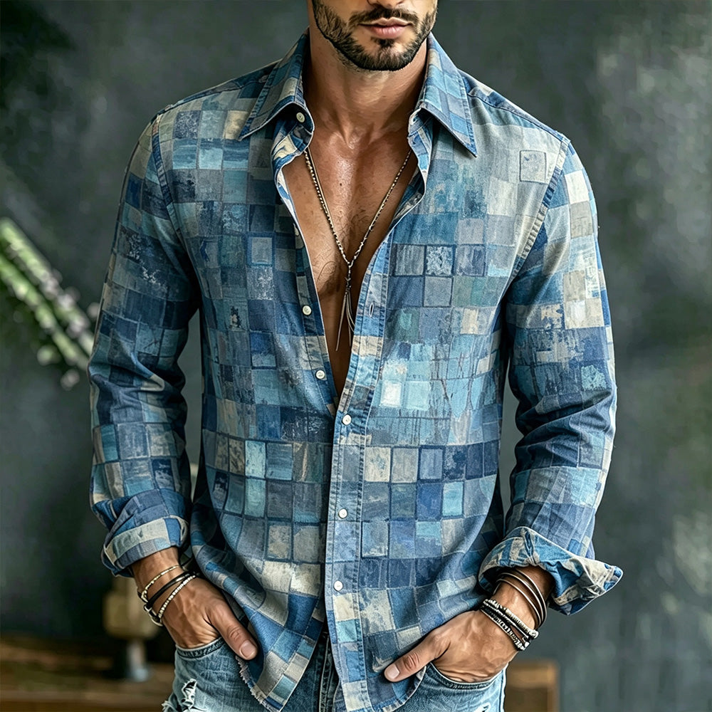 Men's Hippie Color Block Art Patchwork Print Casual Long Sleeve Linen Shirt