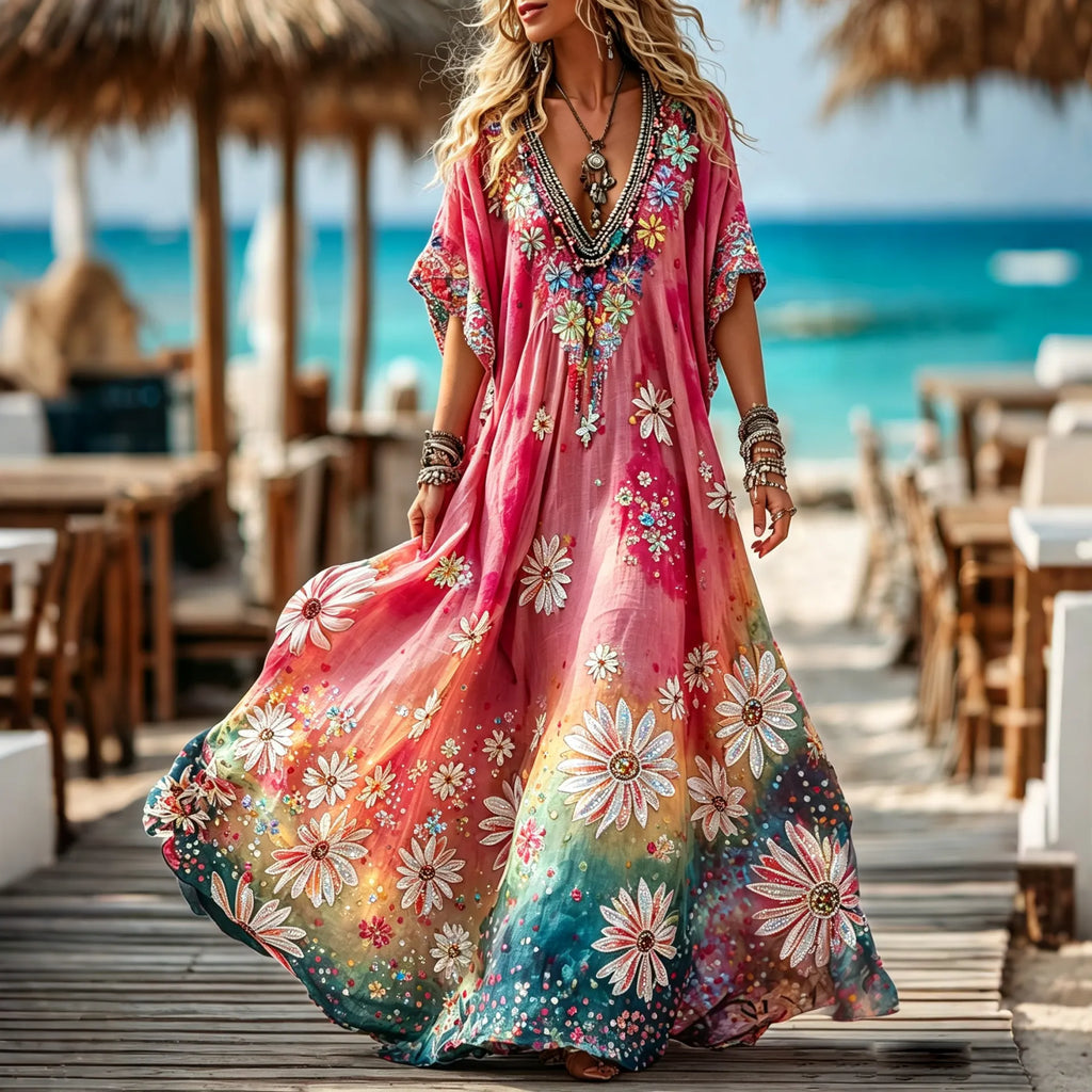 Women's Retro Hippie Floral Art Cotton Linen V-neck Short Sleeve Long Dress