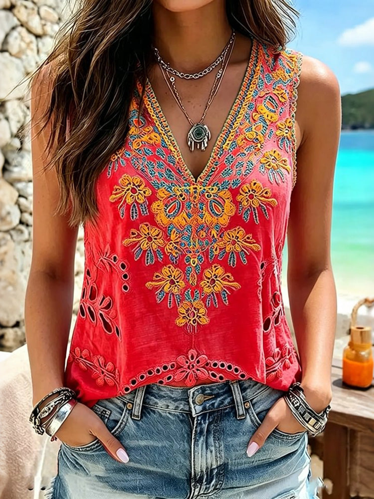 Women's Floral Embroidered Artistic Casual Sleeveless Top