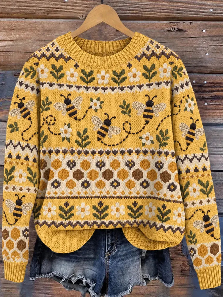 Women's Retro Fly Bee Floral Pattern Cozy Fair Isle Style Knit Sweater
