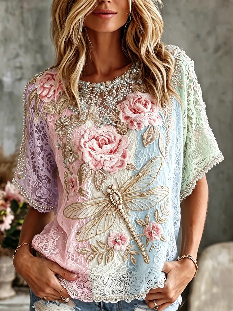 Women's Retro Dragonfly In Macaron Colors Art Print V Neck Linen Blend Short Sleeve Tops
