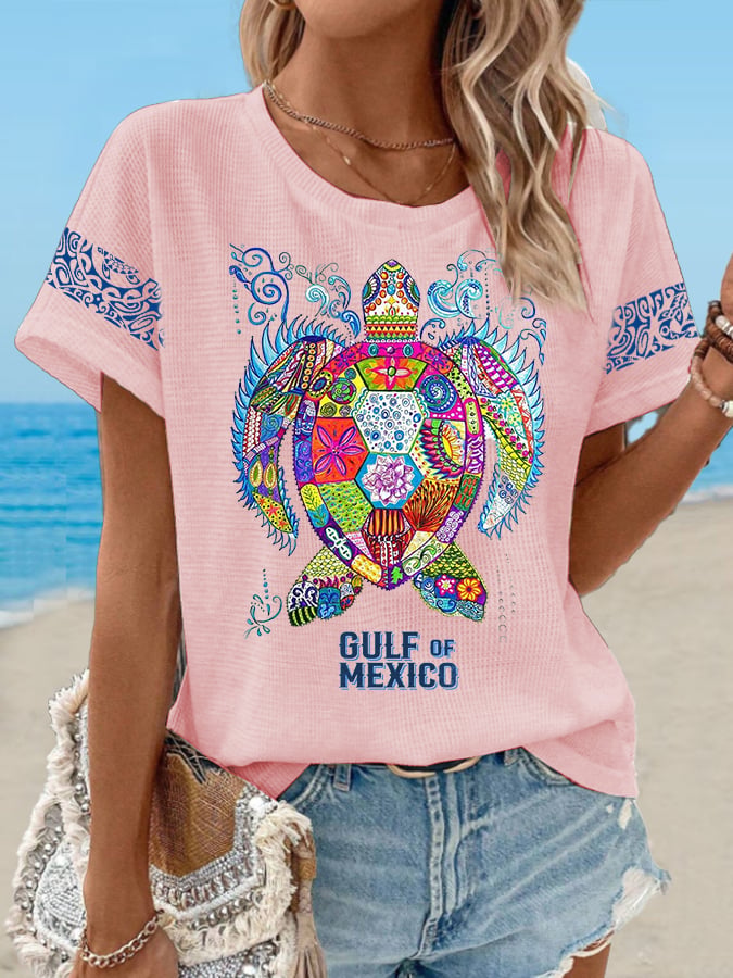 Women's Waffle Mexican Turtle Print T-Shirt