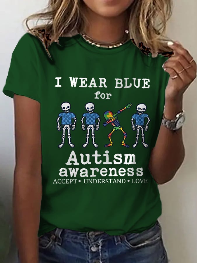 Women's Retro I Wear Blue For Autism Awareness Accept Understand Love Print T-Shirt