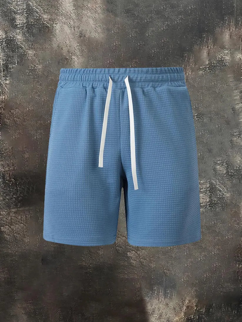 Men's Casual Solid-Color Waffle-Knit Drawstring Shorts with Pockets