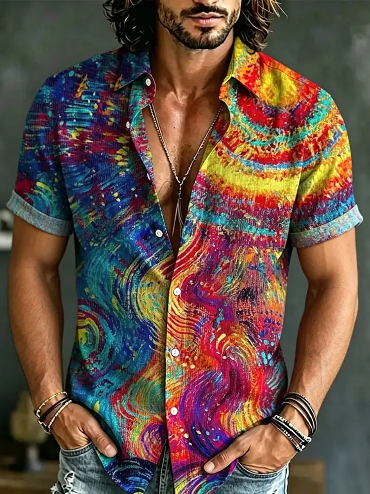 Men's Retro Hippie Tie-dye Print Short-sleeve Cotton Linen Shirt