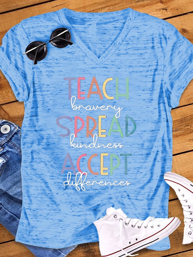 Women's Autism Awareness In April We Wear Blue Autism Month Printed Short Sleeve V-neck T-shirt