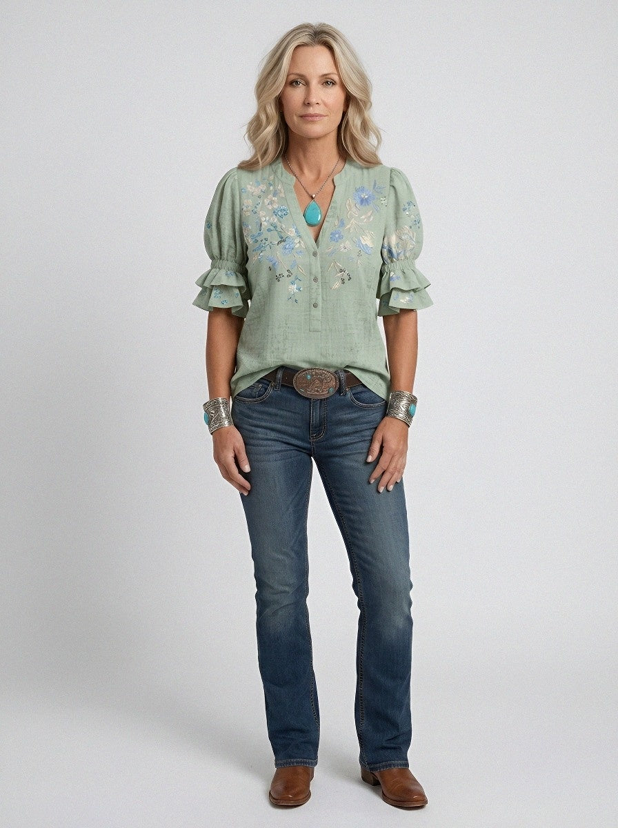 Women's Western Vintage Floral Embroidered Printed Top