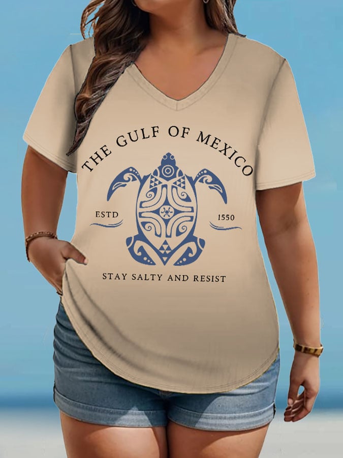 Women's Plus Size Gulf Of Mexico Print V-Neck T-Shirt