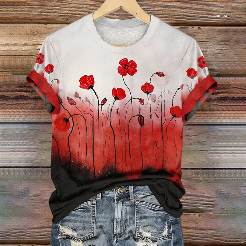Women's Memorial Day Poppy Art Printed T-Shirt