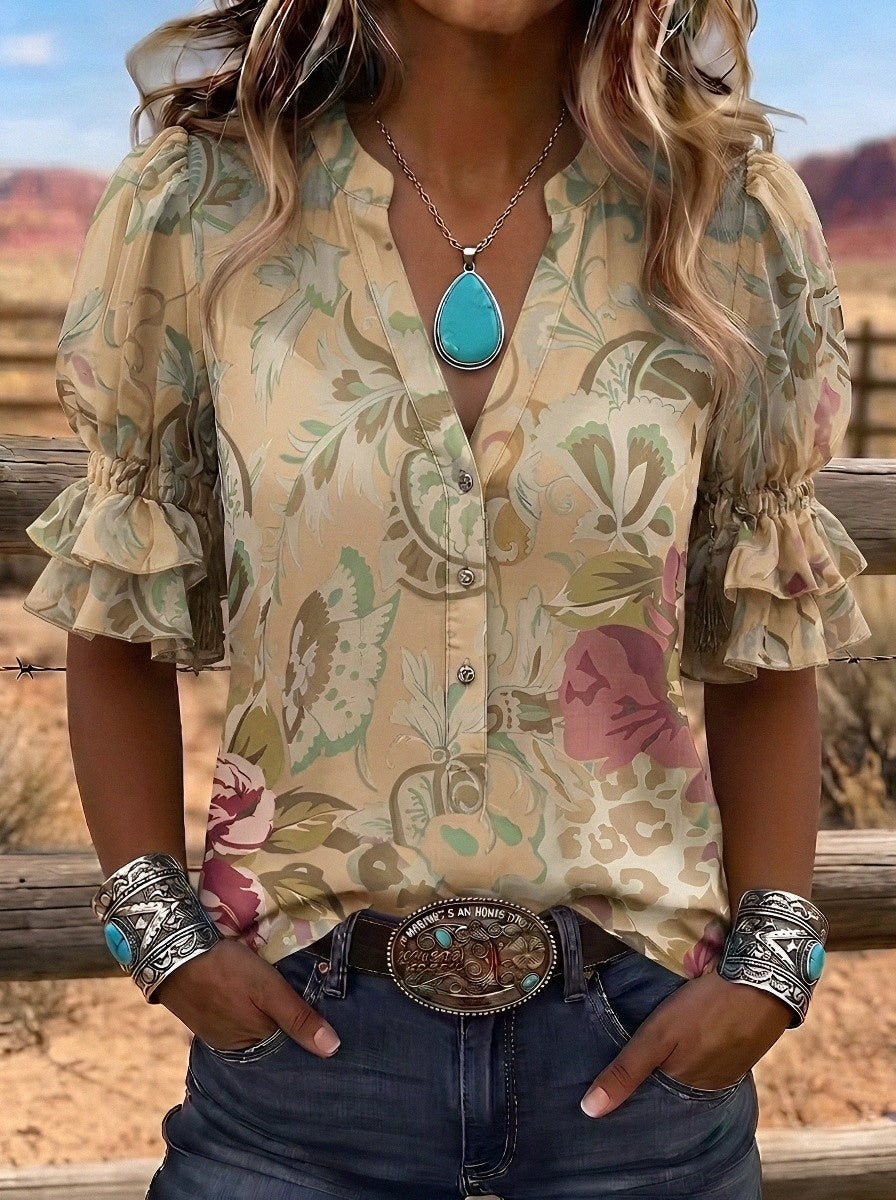 Women's Western Vintage Floral Paisley Printed Ruffle Sleeve Top