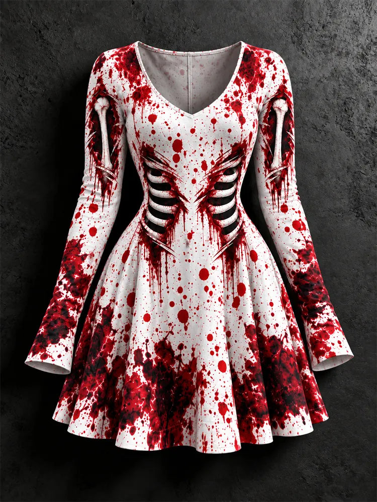 Women's Halloween Bloodstain Skull Print V-neck Midi Dress