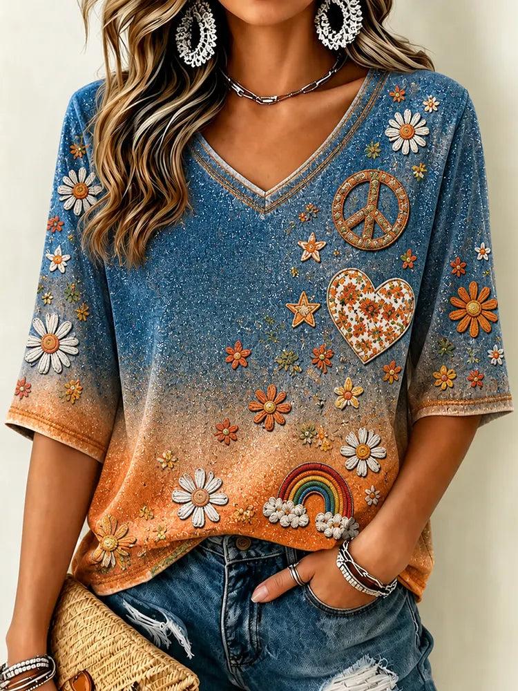Women's Retro Hippie Pattern Gradient V-neck T-shirt