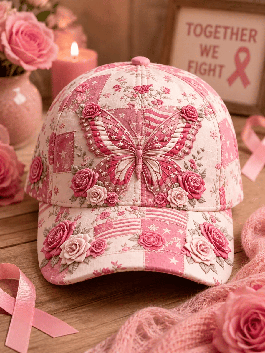 Pink October Breast Cancer Awareness Butterfly Art Print Baseball Cap